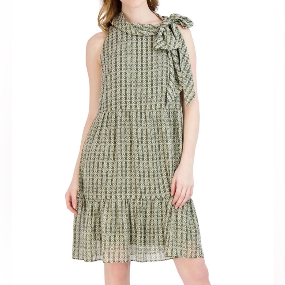 Robbie Bee Sleeveless Tie Neck Tiered Babydoll Dress Green Women’s S Small